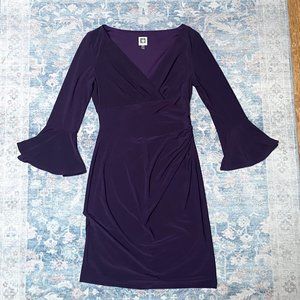 Anne Klein Purple V Neck Knee Length Ruched Dress, Size 6